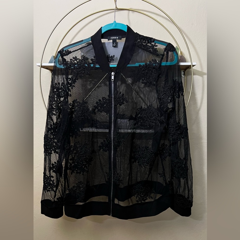Black lace bomber jacket zipper